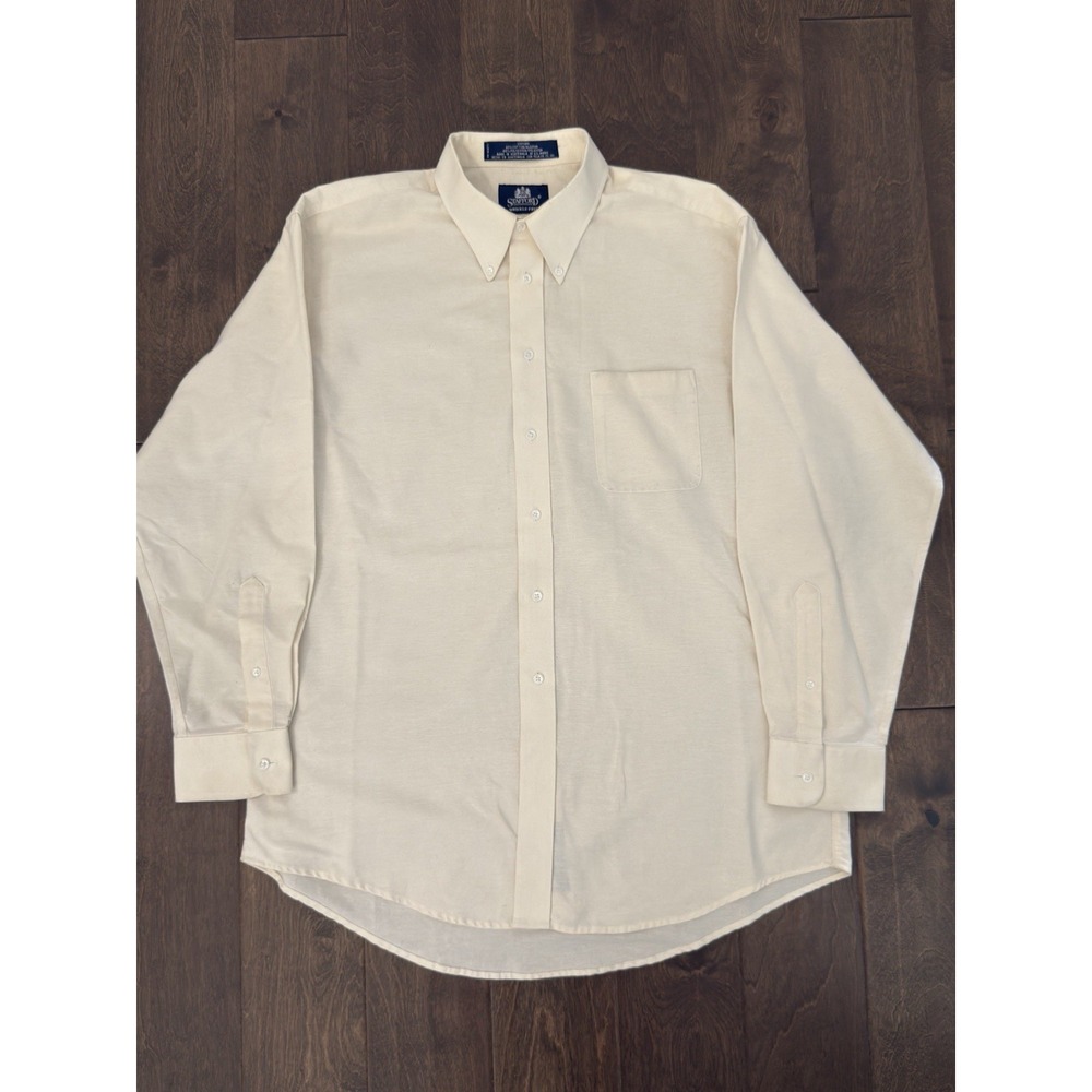 Stafford Mens Size 17-35 Long Sleeve Button Down Cream White Oxford Shirt Pocket
